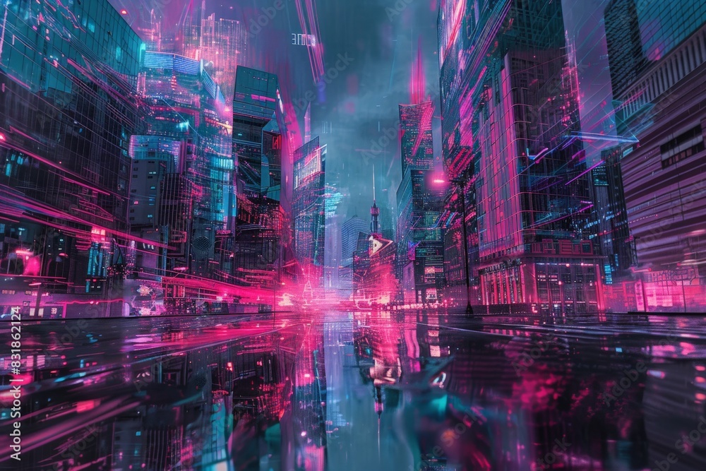 A cyberpunk cityscape refracted through a prism, highlighting neon pinks and electric blues against a backdrop of dark grays