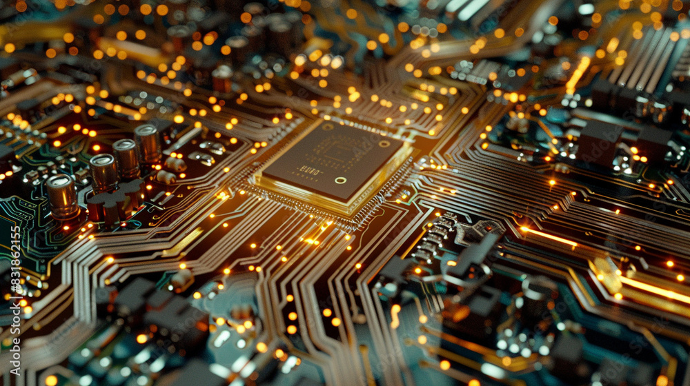 Obraz premium A macro view of a microchip on a circuit board, showing the intricate pathways and connections.