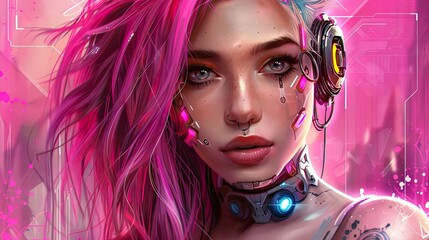 Leinwandbilder Rosa Beautiful girl with pink hair, in the cyberpunk style  © X-Poser