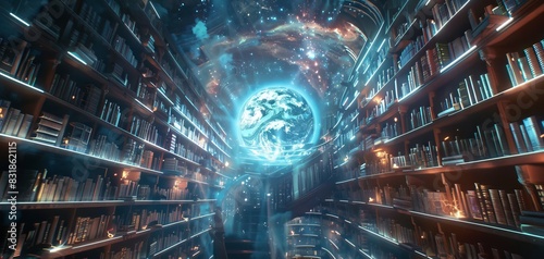 Craft a surreal celestial library with towering crystalline bookshelves spiraling towards a central supernova
