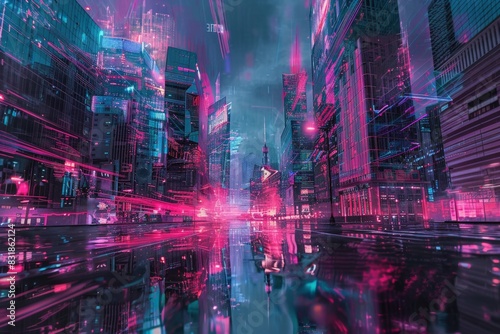 A cyberpunk cityscape refracted through a prism, highlighting neon pinks and electric blues against a backdrop of dark grays