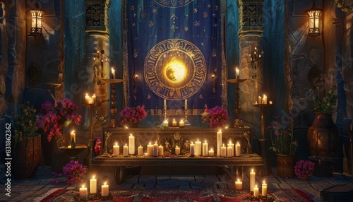 Design a mesmerizing altar adorned with celestial symbols and flickering candles  captured in a realistic oil painting style