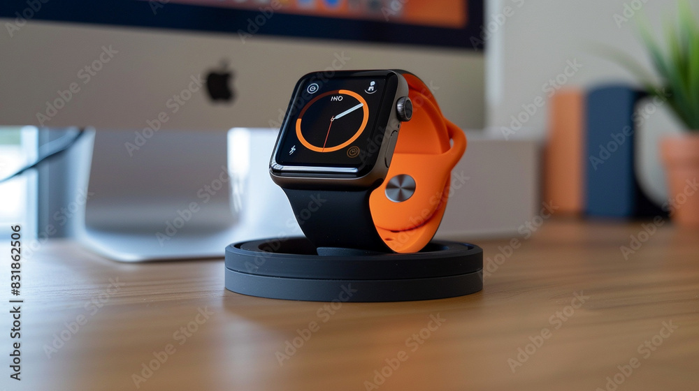 A close-up of a smartwatch charging dock with the device in place, showing the magnetic connectors.