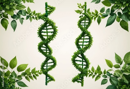 DNA double helix structure where the rungs are made from a variety of green leaves and plant elements against a clean, neutral background. photo