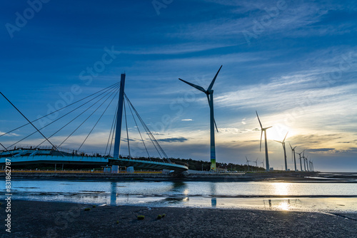 Gaomei Wetlands Area wind turbines in sunset time, a flat land which spans over 300 hectares, also a popular scenic spots in Qingshui District, Taichung City, Taiwan photo