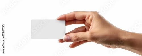 Hand holding a loyalty card, isolated on white background