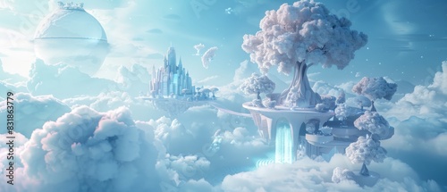Illustrate a serene holographic city floating above clouds  incorporating elements of nature like holographic trees and waterfalls