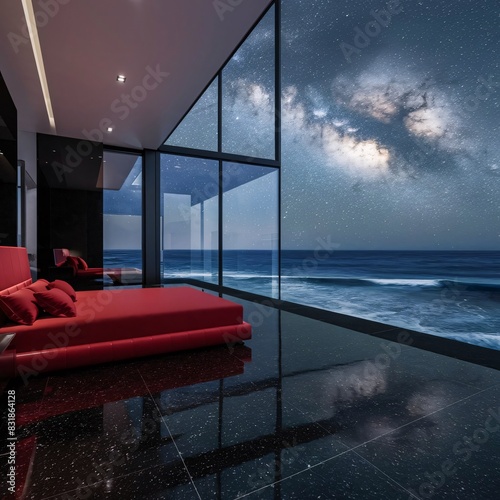 
A modern bedroom with black granite floors, a black and red color scheme, and large windows overlooking the ocean at night with a clear view of the Milky Way.