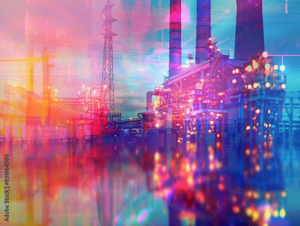 Advanced energy sector technology close up, focus on, copy space, vibrant colors, Double exposure silhouette with power plants