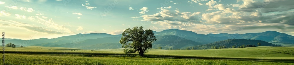 Fototapeta premium Lone tree in vast green field with rolling hills and mountains in the background under a partly cloudy sky nature landscape