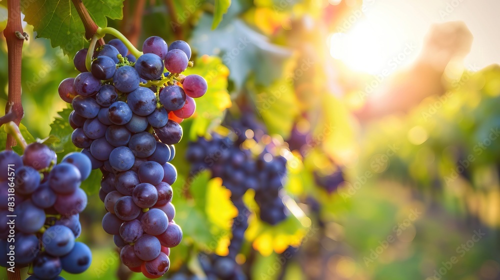 Bunches of ripe purple grapes hanging on the vine in a vineyard with sunlight and green leaves background harvest nature