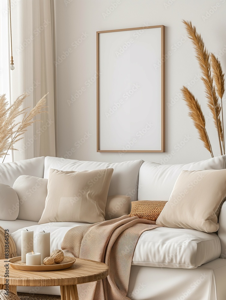 Frame mockup, white sofa and wooden table with candles and candle decorations, modern beige living room interior Frame mockup, white sofa and wooden table with candles and candle decorations, modern beige living room interior