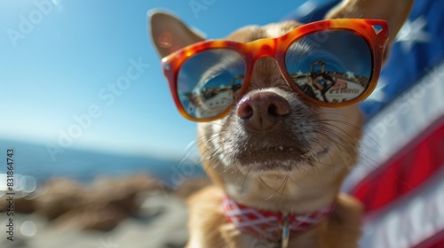 Dog wearing sunglasses and American flag © sirisakboakaew
