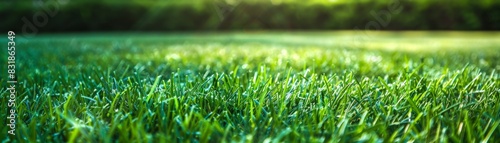 Wide background image of green carpet of manicured grass. Beautiful grass texture on bright green manicured lawn, field, meadow. , generated by artificial intelligence, 4k high-definition wallpapers, 