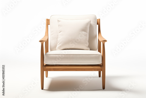 Minimalist wooden armchair with white cushion isolated on white background Scandinavian design © HecoPhoto