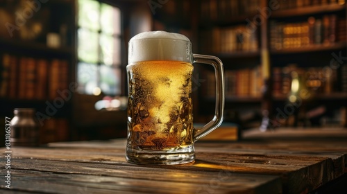 A glass of beer is sitting on a wooden table in a library. The atmosphere is cozy and relaxed, with the library providing a quiet and studious environment