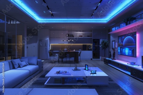 High-tech smart home interior with integrated IoT devices  voice-controlled systems  and sleek  modern design elements