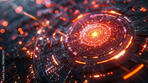 Abstract futuristic digital background featuring a glowing circular circuit board and tech elements in dark colors with vibrant orange light effects, show high-tech innovation and modern engine design