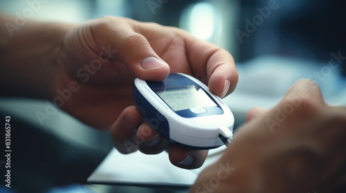 A person is holding a blood glucose meter and checking their blood sugar. Concept of responsibility and health consciousness