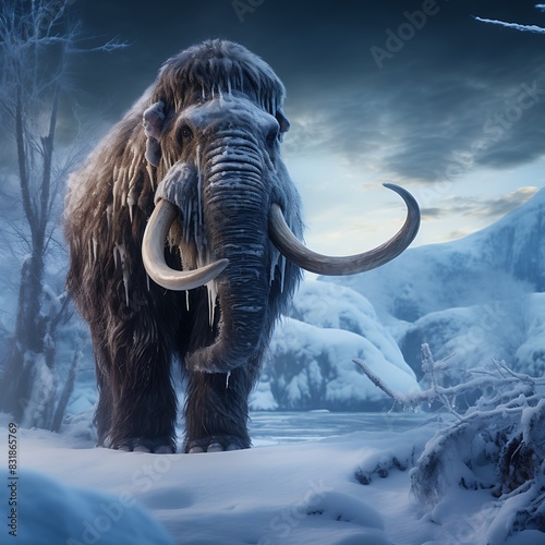 An extinct woolly mammoth in winter  in their Habitat or environment