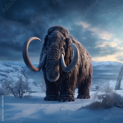 An extinct woolly mammoth in winter  in their Habitat or environment