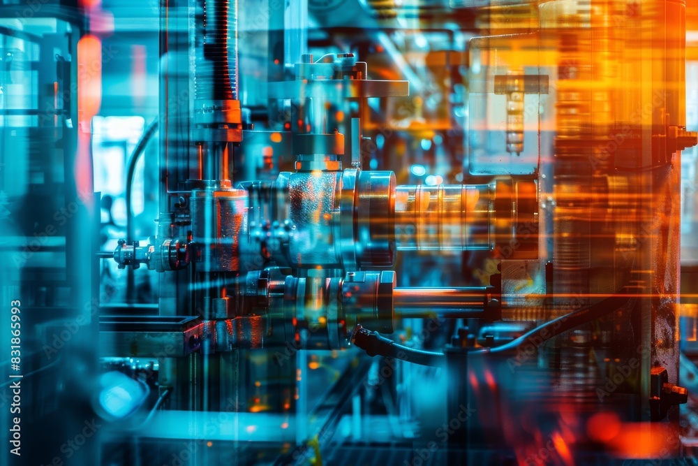 Fototapeta premium Advanced industrial production technology close up, focus on, copy space, vibrant colors, Double exposure silhouette with machinery