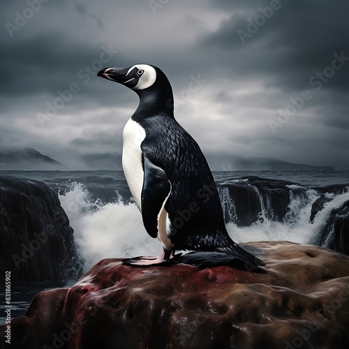 The great auk (Pinguinus impennis) is a species of flightless alcid that became extinct, standing in their habitat photo