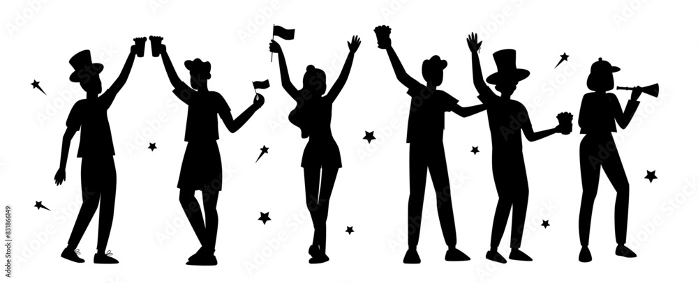 Silhouettes of people group celebrating with drinks and flags on a white background. Festive party and celebration concept for design and print. Silhouettes of people group celebrating with drinks and flags on a white background. Festive party and celebration concept for design and print.