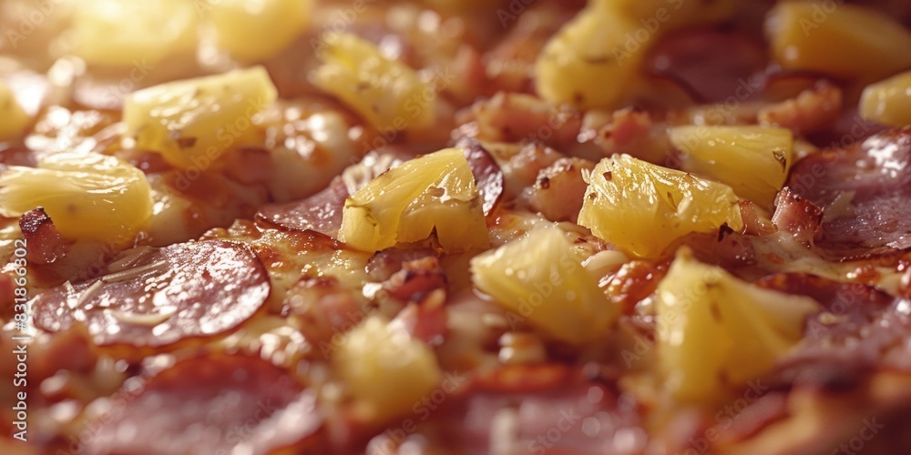 A pizza with pineapple and ham toppings. The pizza is covered in pineapple and ham, and it looks delicious A pizza with pineapple and ham toppings. The pizza is covered in pineapple and ham, and it looks delicious