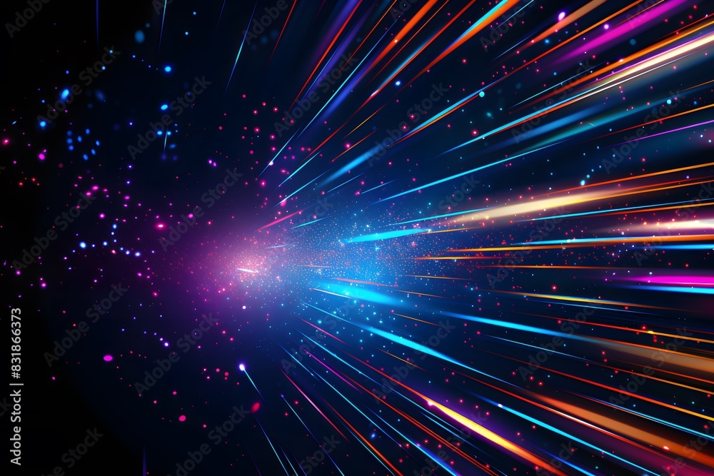 Obraz premium A colorful and dynamic neon background with streaks of light in various colors, representing speed or time travel through space. The center is filled with glowing stars that give the impression 