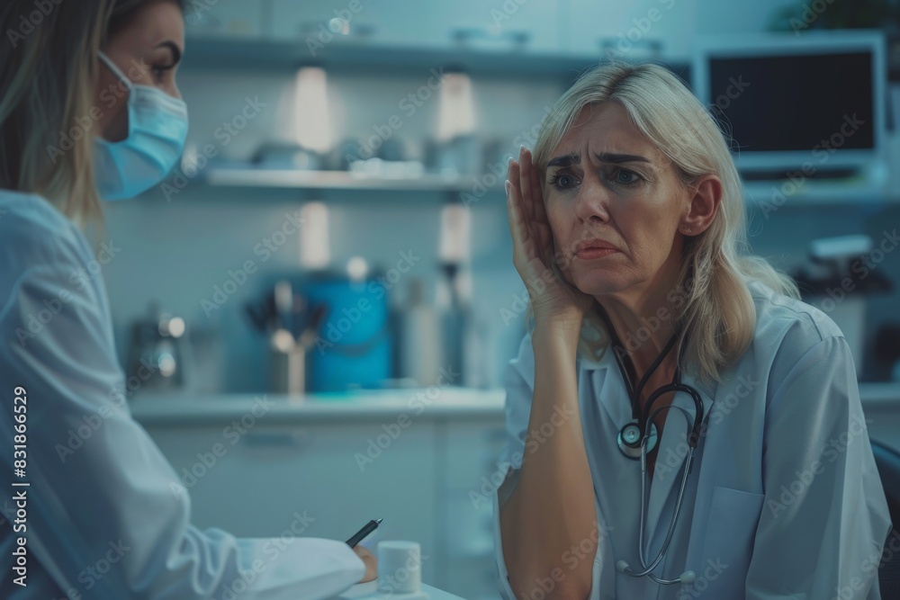 Professional doctor assisting a woman in her office: the patient is crying and feeling hopeless Professional doctor assisting a woman in her office: the patient is crying and feeling hopeless