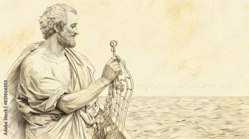 Fototapeta premium St. Peter with Keys and Net, by the Sea, Leadership and Faith, Biblical Illustration, Beige Background, Copyspace
