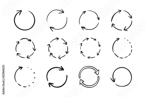 Round circle doodle arrows. Hand drawn arrow icons set. Recycle sketch signs. Repeat line symbols. photo