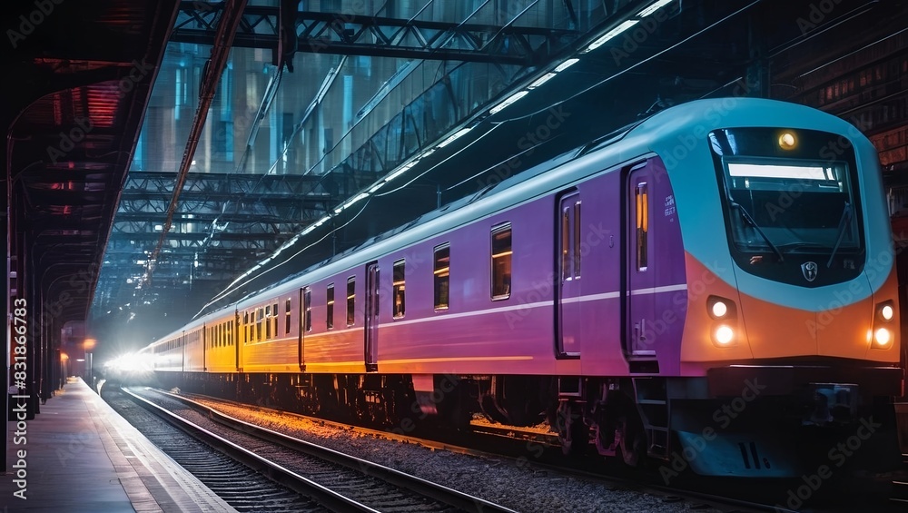 Fototapeta premium train on the railway artwork a night train at full speed using a blend of neon-impressionism and cyberpunk inspiration