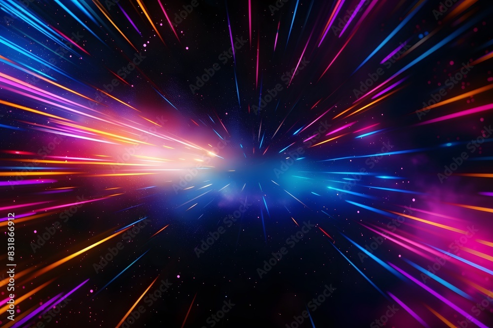 Naklejka premium A colorful and dynamic neon background with streaks of light in various colors, representing speed or time travel through space. The center is filled with glowing stars that give the impression 