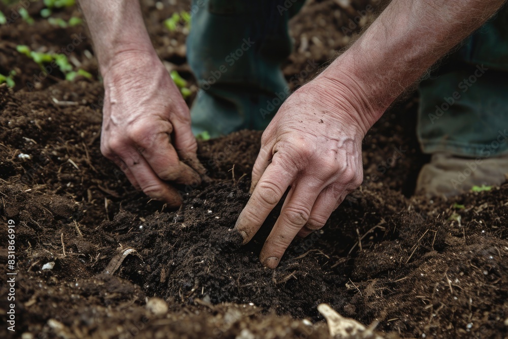 A close-up shot of a person digging in the dirt with a shovel, possibly searching for something or planting a seed A close-up shot of a person digging in the dirt with a shovel, possibly searching for something or planting a seed
