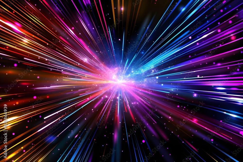 A colorful and dynamic neon background with streaks of light in various colors, representing speed or time travel through space. The center is filled with glowing stars that give the impression A colorful and dynamic neon background with streaks of light in various colors, representing speed or time travel through space. The center is filled with glowing stars that give the impression