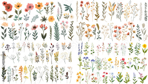 Beautiful floral set with watercolor wild field flowers.  floral watercolor illustration for greeting card, invitation and other printing design. Wild flowers hand drawing vector EPS. 