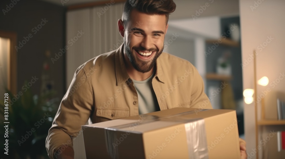 A smiling man is holding a box in his hands A smiling man is holding a box in his hands
