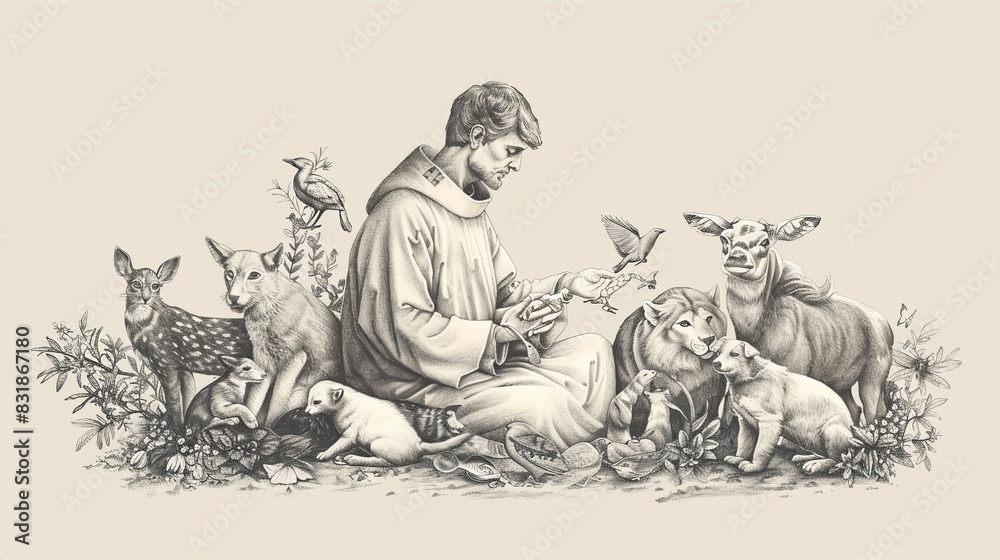 Surrounded by Animals and Nature, St. Francis of Assisi, Biblical Illustration, Beige Background, Copyspace Surrounded by Animals and Nature, St. Francis of Assisi, Biblical Illustration, Beige Background, Copyspace