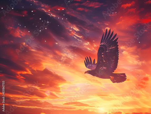 A large eagle is flying in the sky above a beautiful sunset photo