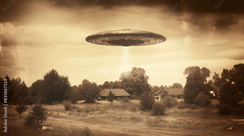 Old Sepia Style Photo of a UFO Attacking the Village Old Sepia Style Photo of a UFO Attacking the Village