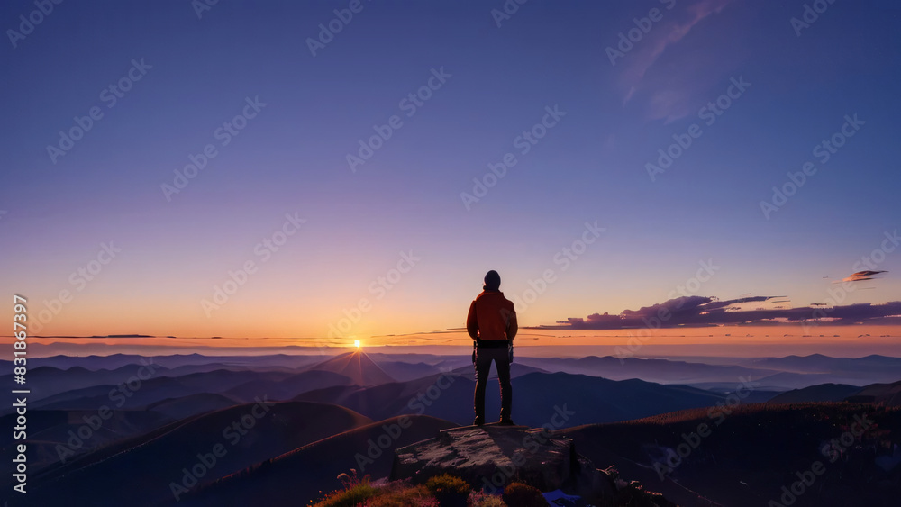 A man stands on a mountain top at sunset, looking out over the landscape. The sky is a mix of orange and purple hues, creating a serene and peaceful atmosphere.