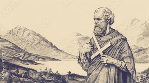 St. Andrew with Cross in Scottish Highlands, Biblical Illustration, Beige Background, Copyspace photo