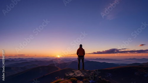 A man stands on a mountain top at sunset  looking out over the landscape. The sky is a mix of orange and purple hues  creating a serene and peaceful atmosphere.