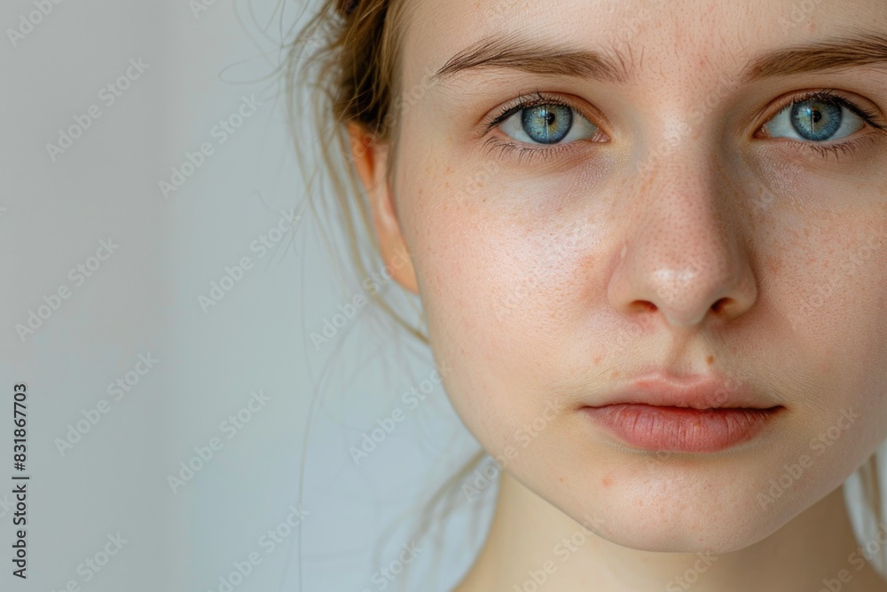 A close-up shot of a woman's face with striking blue eyes A close-up shot of a woman's face with striking blue eyes