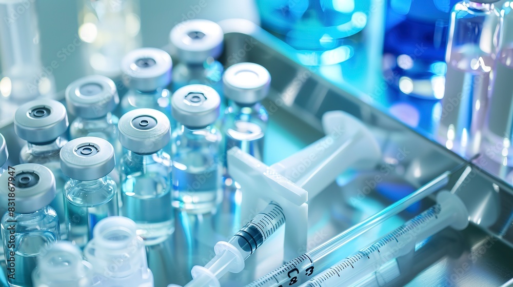 Vaccine preparation on a tray, close-up, multiple vials and syringes, precise arrangement Vaccine preparation on a tray, close-up, multiple vials and syringes, precise arrangement