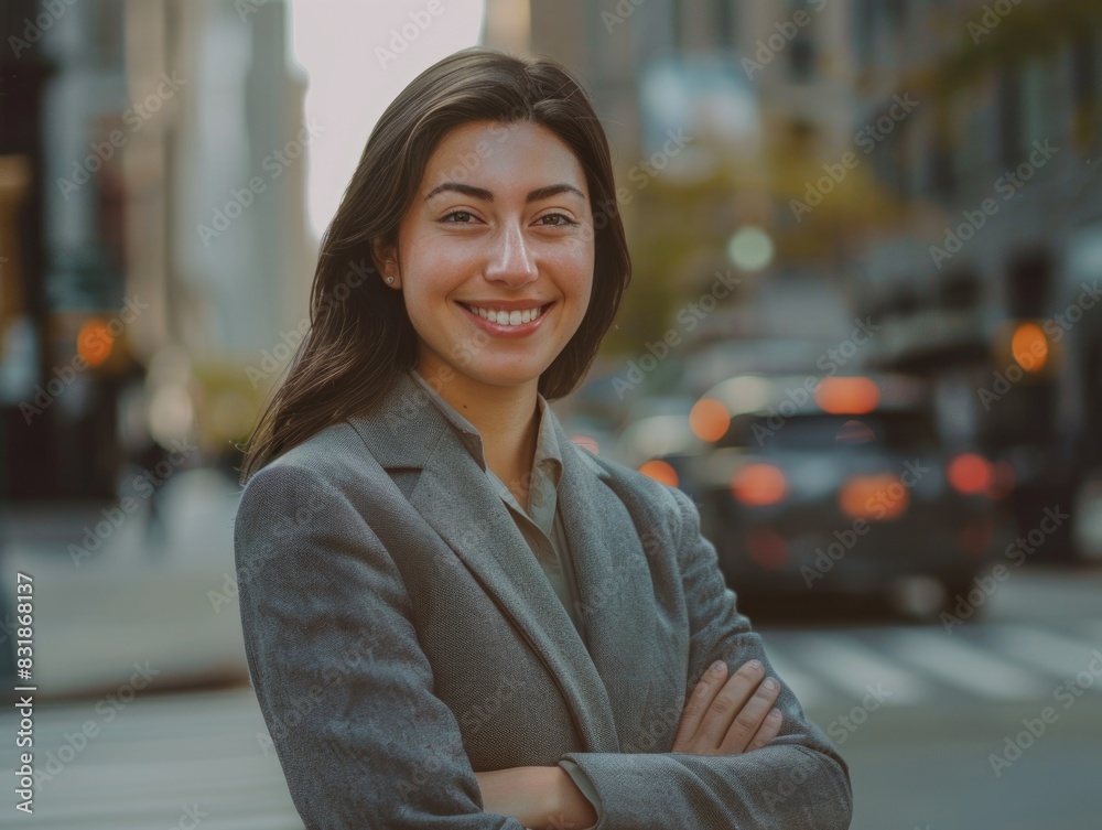 A woman stands on a city street with her arms crossed, possibly expressing frustration or defensiveness A woman stands on a city street with her arms crossed, possibly expressing frustration or defensiveness
