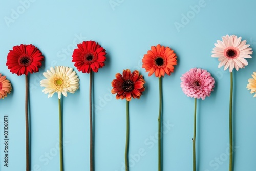 A row of colorful flowers against a bright blue background