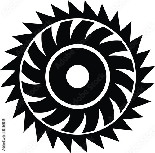 Circular saw blade vector icon isolated on white background. Simple black shape illustration of rotating saw blade.